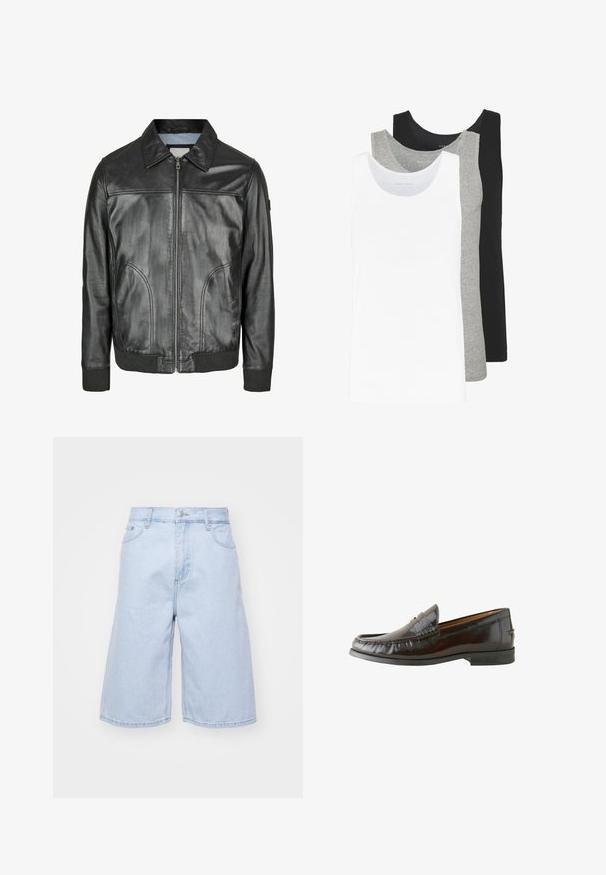 Juodas odinis švarkas su užtrauktuku priekyje, smailiu apykakle ir raukšlėtais rankogaliais. Yra dvi šoniniai kišeniai ir lygi tekstūra.; Trys marškiniai be rankovių baltos, pilkos ir juodos spalvų. Kiekvienas iš jų turi klasikinį dizainą, pagamintas iš lengvos medvilnės audinio su raštuotu paviršiumi.; Šviesiai mėlynos džinsinės šortai su laisvu siluetu, turintys aukštą juosmenį, penkias kišenes ir užtrauktuką. Švarūs kraštai su minimaliais nudilimo ženklais.; Rudi odiniai loafersai su lygiu paviršiumi, siuvinėtų detalių, žemu kulnu ir apvaliu pirštu. Padas juodas, guminis, užtikrinantis sukibimą.