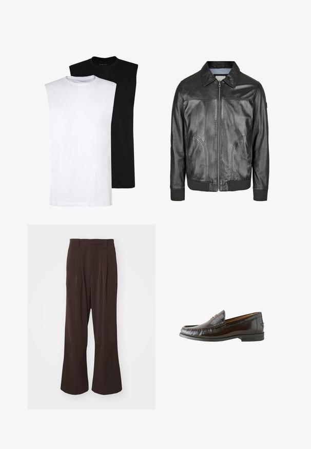 Juodas odinis švarkas su užtrauktuku priekyje, smailiu apykakle ir raukšlėtais rankogaliais. Yra dvi šoniniai kišeniai ir lygi tekstūra.; Baltos ir juodos be rankovių medvilninės marškinėliai su apvaliu iškirpimu, lygia tekstūra ir minimalistiniu dizainu. Tinka įvairioms kasdienėms situacijoms.; Kavos platėjančios kelnės su aukštu liemeniu, su priekinėmis klostėmis ir diržo kilpom, pagamintos iš lygios, lengvos medžiagos.; Rudi odiniai loafersai su lygiu paviršiumi, siuvinėtų detalių, žemu kulnu ir apvaliu pirštu. Padas juodas, guminis, užtikrinantis sukibimą.
