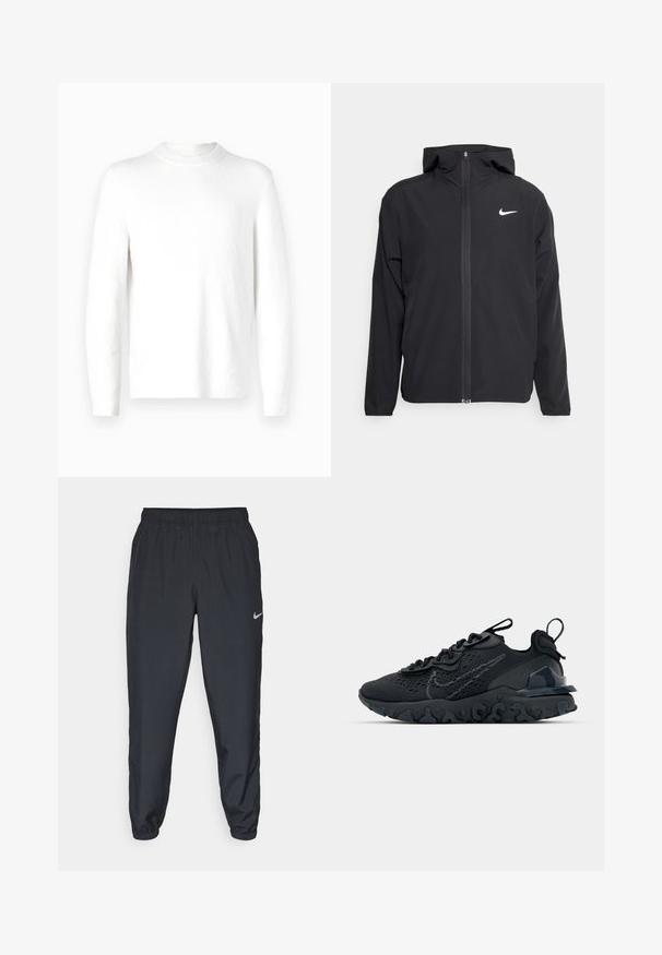 Black Nike jacket featuring a hood, full front zipper, and a subtle white logo on the left chest. Smooth texture and lightweight design.; White, long-sleeve sweater featuring a textured fabric and a round neck. The design is minimalistic with no visible patterns or accents.; Black track pants made from lightweight fabric with an elastic waistband, ankle cuffs, and a discreet Nike logo on the left side.; Black athletic shoe with a breathable mesh upper, textured accents, and a wavy rubber sole. Features reflective logo and lacing system.