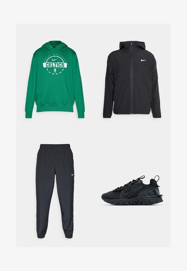 Giacca Nike nera con cappuccio, chiusura frontale con zip e un logo bianco discreto sul lato sinistro del petto. Texture liscia e design leggero.; Felpa verde con cappuccio, con logo "CELTICS" in bianco, tasca a marsupio e polsini a coste. Realizzata in tessuto morbido.; Pantaloni da jogging neri realizzati in tessuto leggero con cintura elastica, polsini alla caviglia e un logo Nike discreto sul lato sinistro.; Scarpa sportiva nera con tomaia in mesh traspirante, dettagli testurizzati e suola in gomma ondulata. Presenta un logo riflettente e un sistema di allacciatura.