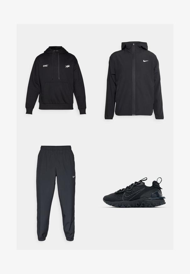 Must musta musta, täis esifrontne lukuga ja diskreetne valge logo vasakul rinnal. Sile tekstuur ja kergkaaluline disain.; Must värviline kapuutsiga sviiter on valmistatud pehmest kangast ja sellel on ees tasku, reguleeritav kapuuts ja trükitud valged logoaktsendid rinnal ja varrukal.; Kerged mustad spordipüksid, mis on valmistatud kerge kangaga, elastse vöökoha, pahkluude mansettide ja diskreetse Nike logo abil vasakul külgedel.; Must mustreesne tossudega, millel on hingav võrkmaterjalist pealis, tekstureeritud detailid ja laineline kummist tallaosa. Omab peegelduvat logo ja sidumise süsteemi.