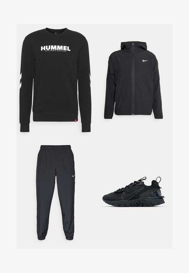 Black Nike jacket featuring a hood, full front zipper, and a subtle white logo on the left chest. Smooth texture and lightweight design.; Black crewneck sweatshirt featuring white "HUMMEL" text and logo, with stripe accents on sleeves and ribbed cuffs and hem.; Black track pants made from lightweight fabric with an elastic waistband, ankle cuffs, and a discreet Nike logo on the left side.; Black athletic shoe with a breathable mesh upper, textured accents, and a wavy rubber sole. Features reflective logo and lacing system.