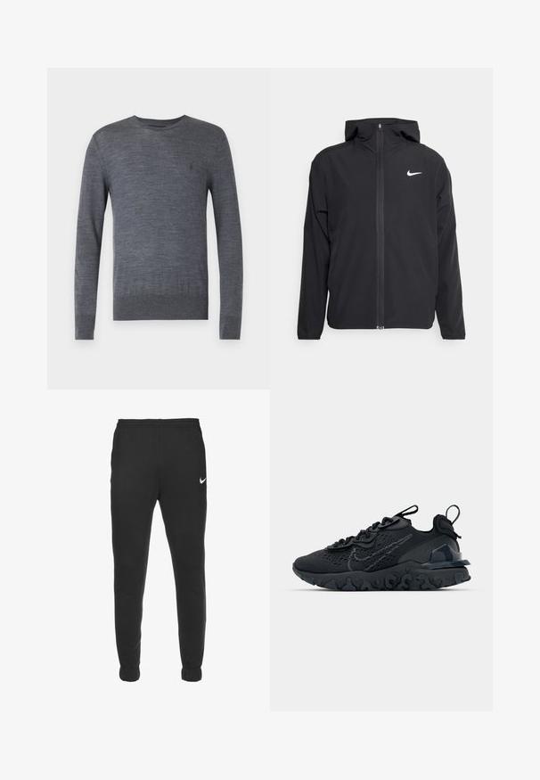 Schwarze Nike-Jacke mit Kapuze, vollem Reißverschluss vorne und einem dezenten weißen Logo auf der linken Brust. Glatte Textur und leichtes Design.; AllSaints MODE CREW - Strickpullover - smith blue; Schwarze Sweatpants aus weichem Material mit einem elastischen Bund und Bündchen. Mit einem kleinen weißen Nike-Logo auf der oberen linken Seite.; Schwarzer Sportschuh mit atmungsaktivem Mesh-Obermaterial, strukturierten Akzenten und einer wellenförmigen Gummisohle. Verfügt über ein reflektierendes Logo und ein Schnürsystem.