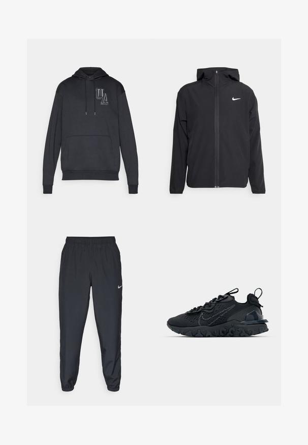 Giacca Nike nera con cappuccio, chiusura frontale con zip e un logo bianco discreto sul lato sinistro del petto. Texture liscia e design leggero.; Felpa nera con cappuccio e tasca frontale, caratterizzata da un logo "UA" testurizzato sul petto e coulisse al collo. Tessuto morbido.; Pantaloni da jogging neri realizzati in tessuto leggero con cintura elastica, polsini alla caviglia e un logo Nike discreto sul lato sinistro.; Scarpa sportiva nera con tomaia in mesh traspirante, dettagli testurizzati e suola in gomma ondulata. Presenta un logo riflettente e un sistema di allacciatura.