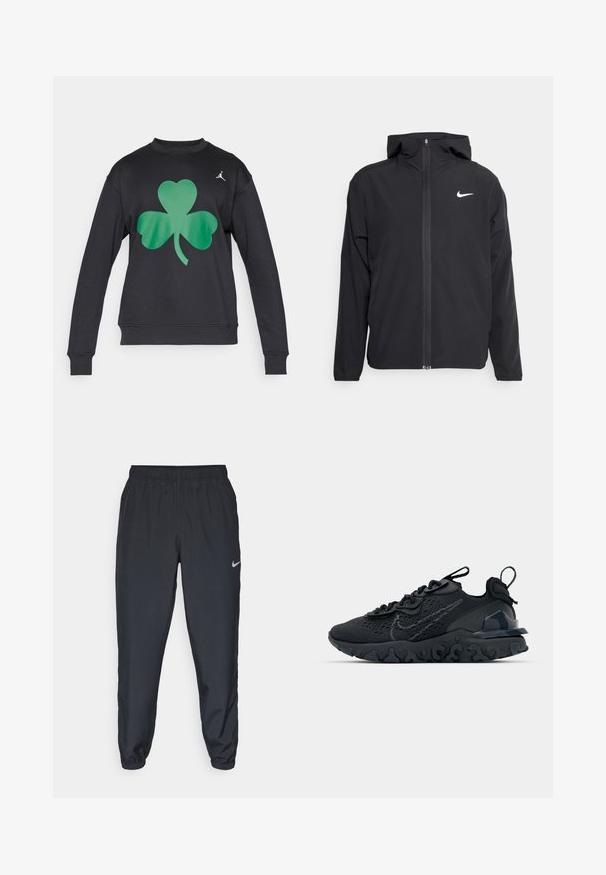 Casaco Nike preto com capuz, fecho frontal completo e um logótipo branco discreto no lado esquerdo do peito. Textura suave e design leve.; Sweatshirt preto de mangas longas com um grande trevo verde no peito e um pequeno logotipo branco perto do ombro direito.; T-shirt Nike preto de manga curta, feito de um tecido suave, com um logo swoosh branco no lado superior esquerdo, gola redonda.; Calças de treino pretas feitas de um tecido leve, com um cós elástico, punhos nos tornozelos e um discreto logótipo da Nike no lado esquerdo.; Sapatilha atlética preta com parte superior de malha respirável, detalhes texturizados e sola de borracha ondulada. Apresenta um logotipo reflexivo e um sistema de atilho.