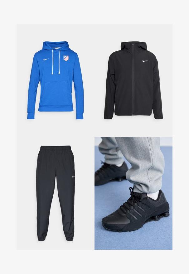 Must musta musta, täis esifrontne lukuga ja diskreetne valge logo vasakul rinnal. Sile tekstuur ja kergkaaluline disain.; Sinine puuvillasegune kapuutsiga sviiter, millel on eesmine tasku ja valged lipsud. Nike logo vasakul üleval ja Atlético Madridi embleem rinnal.; Kerged mustad spordipüksid, mis on valmistatud kerge kangaga, elastse vöökoha, pahkluude mansettide ja diskreetse Nike logo abil vasakul külgedel.; Isik mustade Nike Shox tossudega ja hallides dressipükstes seisab helesinise vaiba peal.