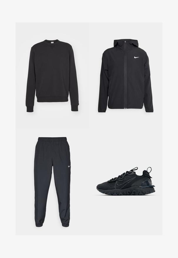 Schwarze Nike-Jacke mit Kapuze, vollem Reißverschluss vorne und einem dezenten weißen Logo auf der linken Brust. Glatte Textur und leichtes Design.; Schwarzer Sweatshirt mit langen Ärmeln, gerippten Bündchen und Saum sowie einem Rundhalsausschnitt. Hergestellt aus weichem, strukturiertem Stoff im minimalistischen Stil.; Schwarzes, kurzärmliges Nike-T-Shirt aus glattem Material, mit einem weißen Swoosh-Logo auf der oberen linken Seite und Rundhalsausschnitt.; Schwarze Trainingshose aus einem leichten Stoff mit elastischem Bund, Knöchelabschlüssen und einem dezenten Nike-Logo auf der linken Seite.; Schwarzer Sportschuh mit atmungsaktivem Mesh-Obermaterial, strukturierten Akzenten und einer wellenförmigen Gummisohle. Verfügt über ein reflektierendes Logo und ein Schnürsystem.