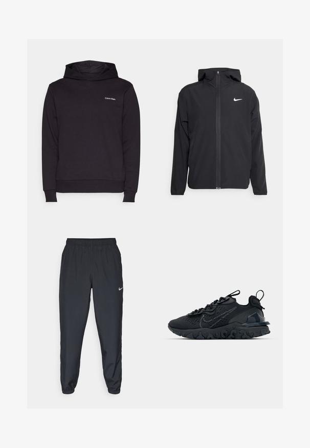 Zwarte Nike-jas met capuchon, volledige ritssluiting en een subtiele witte logo op de linkerborst. Gladde textuur en lichtgewicht ontwerp.; Zwarte hoodie van zachte stof, met een kangoeroezak, geribde manchetten en een klein wit Calvin Klein-logo op de borst.; Zwarte trainingsbroek van lichtgewicht materiaal met een elastische tailleband, enkelmanchetten en een discreet Nike-logo aan de linkerkant.; Zwarte sportieve schoen met een ademende bovenkant van mesh, gestructureerde accenten en een golvende rubberen zool. Heeft een reflecterende logo en vetersysteem.