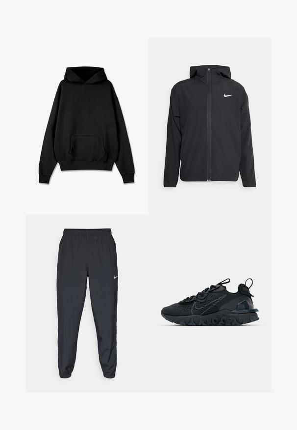 Melna Nike jakna ar kapuci, pilnu priekšējo rāvējslēdzēju un smalku baltu logotipu kreisajā krūtī. Gluda tekstūra un viegla konstrukcija.; Pegador LOGO - Džemperis ar kapuci - vintage black black; Melnas sporta bikses, izgatavotas no viegla auduma, ar elastīgu jostasvietu, potīšu malām un diskretu Nike logo kreisajā pusē.; Melnas sporta kurpes ar elpojošu sieta augšdaļu, teksturētām akcentiem un viļņotu gumijas zoli. Iekļauj atstarojošu logotipu un šņorēšanas sistēmu.