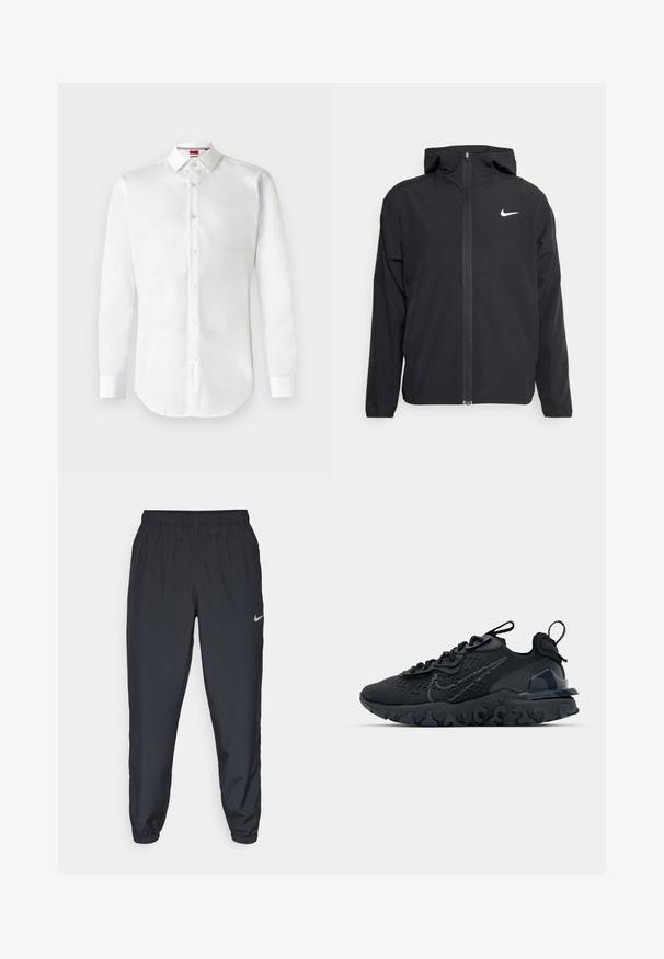 Svart Nike-jakke med hette, full frontglidelås og en subtil hvit logo på venstre bryst. Glatt tekstur og lett design.; Hvit langermet skjorte med knapper laget av bomull. Har en klassisk krage, frontknapper og en buet kant. Enkel og stilren design.; Svarte joggebukser laget av lett stoff med elastisk midje, ankelmanchetter og en diskret Nike-logo på venstre side.; Svart treningssko med et pustende nettobert overdel, teksturerte detaljer og en bølget gummisåle. Har reflekterende logo og snøresystem.