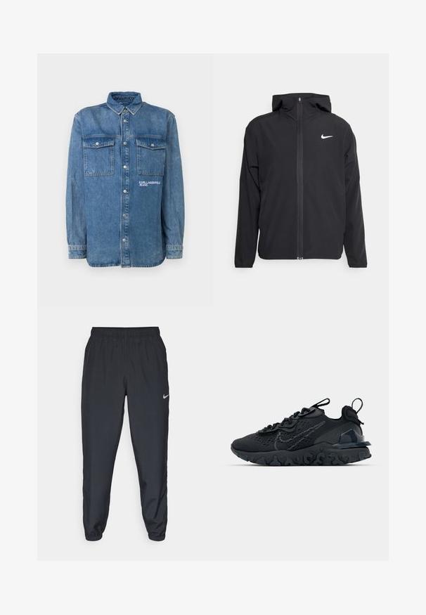 Black Nike jacket featuring a hood, full front zipper, and a subtle white logo on the left chest. Smooth texture and lightweight design.; Denim shirt in light blue, featuring a collar, button closure, two chest pockets, and a logo printed on the left side. Long sleeves.; Black track pants made from lightweight fabric with an elastic waistband, ankle cuffs, and a discreet Nike logo on the left side.; Black athletic shoe with a breathable mesh upper, textured accents, and a wavy rubber sole. Features reflective logo and lacing system.