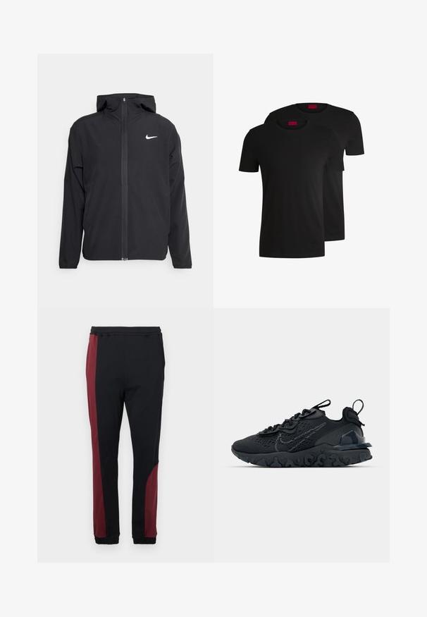 Zwarte Nike-jas met capuchon, volledige ritssluiting en een subtiele witte logo op de linkerborst. Gladde textuur en lichtgewicht ontwerp.; Twee zwarte katoenen t-shirts met korte mouwen en ronde hals. Beide hebben een rood merketiket bij de hals. Eenvoudig, klassiek ontwerp.; Zwarte joggers met een bordeauxrode zijpaneel, elastische tailleband en boorden. Gemaakt van een gladde, rekbare stof voor comfort.; Zwarte sportieve schoen met een ademende bovenkant van mesh, gestructureerde accenten en een golvende rubberen zool. Heeft een reflecterende logo en vetersysteem.