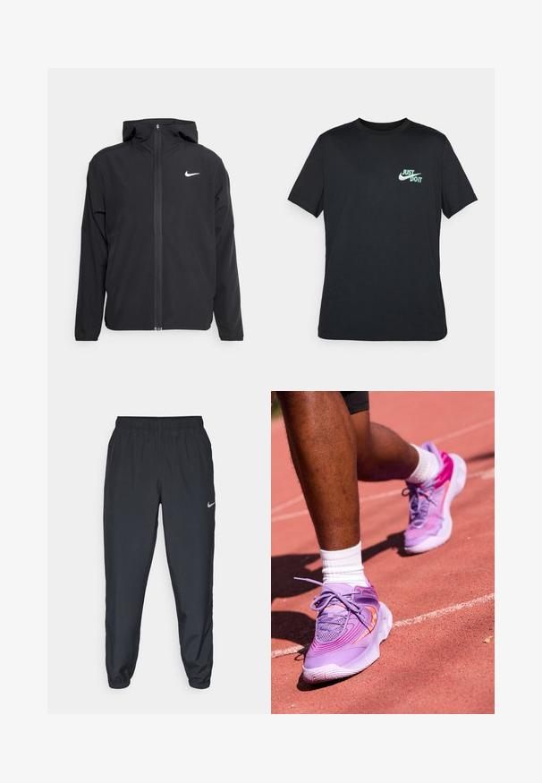 Svart Nike-jakke med hette, full frontglidelås og en subtil hvit logo på venstre bryst. Glatt tekstur og lett design.; Svart bomull t-skjorte med korte ermer og rund hals, med en lys blå "Just Do It"-logo på øvre venstre bryst.; Svarte joggebukser laget av lett stoff med elastisk midje, ankelmanchetter og en diskret Nike-logo på venstre side.; Nike Performance GIANNIS IMMORTALITY 4 - Basketballsko - black raspberry/aster pink/hot punch