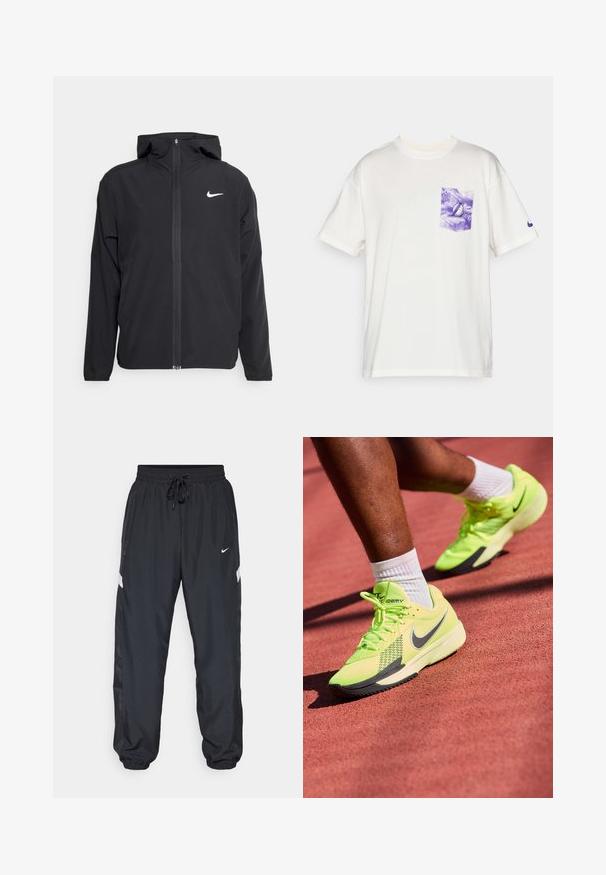Casaco Nike preto com capuz, fecho frontal completo e um logótipo branco discreto no lado esquerdo do peito. Textura suave e design leve.; T-shirt branca de algodão com mangas curtas, apresentando um bolso no peito em tie-dye roxo e um pequeno logótipo roxo na manga.; Calças de atletismo pretas com cintura elástica, cordão ajustável, bolsos laterais e detalhes de risca branca contrastante ao longo dos lados.; Tênis esportivos Nike amarelo neon com parte superior em malha texturizada, detalhes em preto e sola branca grossa, colocados sobre uma superfície de corrida vermelha.