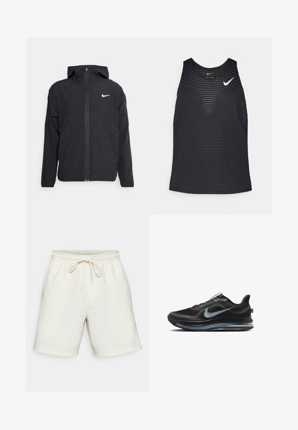 Fekete Nike dzseki kapucnival, teljes hosszúságú cipzárral és egy diszkrét fehér logóval a bal mellrészen. Sima textúra és könnyű kialakítás.; Fekete sportos trikó perforált textúrával és kerek nyakkivágással. Elöl fehér Nike logó található.; Tejbézs színű pamut rövidnadrág, rugalmas derékkal és húzózsinórral, elülső zsebbel és kis logóval az alján.; Fekete futócipő kék Nike emblémával, hálós felsőrész, látható légpárnás talp és fűzős dizájn, oldalnézetből bemutatva.