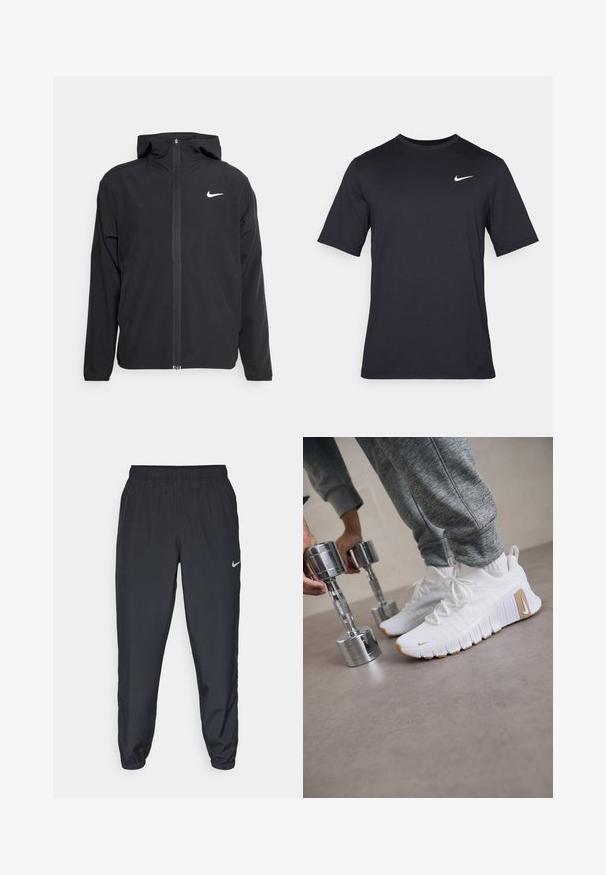 Črna Nike jakna z oblogo, polnim zadrgo in diskretnim belim logotipom na levi strani prsnega koša. Gladka tekstura in lahka zasnova.; Črna kratkotrajna majica Nike iz gladkega materiala, z belim logotipom Swoosh na zgornji levi strani, okrogel izrez.; Črne trenirke iz lahkega materiala z elastičnim pasom, manšetami na gležnjih in diskretnim logotipom Nike na levi strani.; Bele športne copate z teksturiranim zgornjim delom, ravnim gumijastim podplatom in svetlo rjavimi poudarki. Srebrne uteži v ospredju. Vidne siva trenirka.