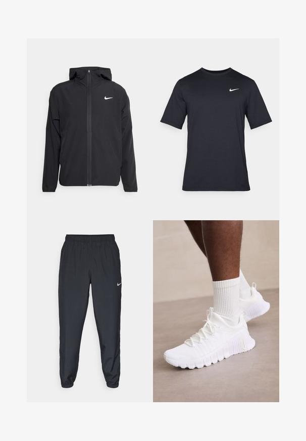 Sort Nike-jakke med hætte, fuld frontlynlås og et diskret hvidt logo på venstre bryst. Glat tekstur og letvægtsdesign.; Sort kortærmet Nike t-shirt lavet af glat stof, med et hvidt swoosh-logo på øverste venstre side, rund halsudskæring.; Sorte træningsbukser lavet af letvægtsstof med elastisk talje, ankelsyninger og et diskret Nike-logo på venstre side.; Hvide sportsko med en tekstureret overdel, polstret krave og fleksibel sål; suppleret med hvide ribbede sokker.