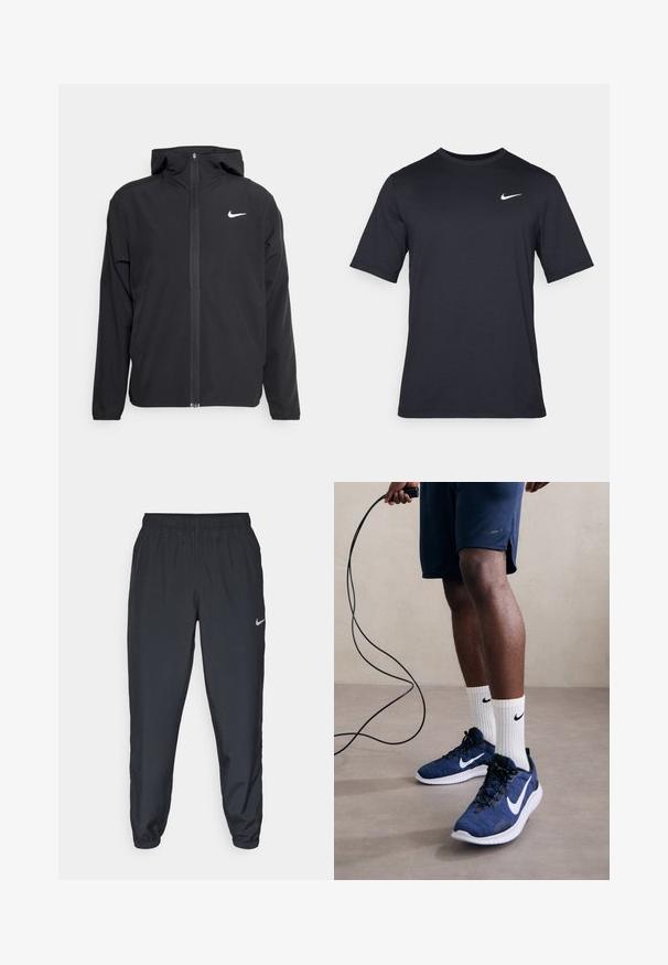 Veste Nike noire avec capuche, fermeture éclair sur toute la longueur à l'avant et un logo blanc discret sur la poitrine gauche. Texture lisse et design léger.; T-shirt noir à manches courtes Nike en tissu lisse, arborant un logo swoosh blanc sur le côté supérieur gauche, col rond.; Pantalon de jogging noir en tissu léger avec une ceinture élastique, des poignets aux chevilles et un logo Nike discret sur le côté gauche.; Nike Performance FLEX EXPERIENCE RUN 12 - Chaussures de running sur route - astronomy blue/white/black/hyper crimson