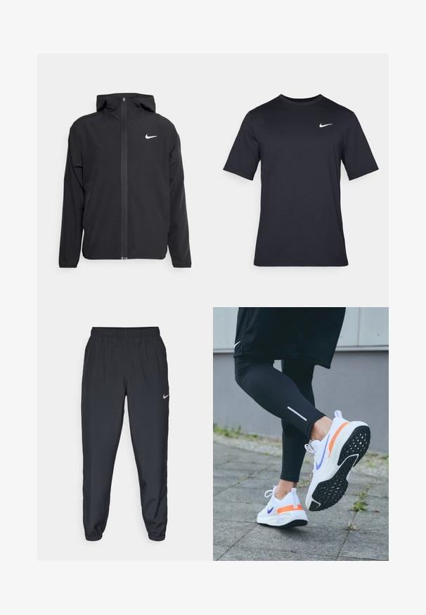 Black Nike jacket featuring a hood, full front zipper, and a subtle white logo on the left chest. Smooth texture and lightweight design.; Black short-sleeve Nike t-shirt made of smooth fabric, featuring a white swoosh logo on the upper left side, crew neckline.; Black track pants made from lightweight fabric with an elastic waistband, ankle cuffs, and a discreet Nike logo on the left side.; Nike running shoes featuring a white mesh upper with purple accents, black textured sole, and vibrant orange heel support.