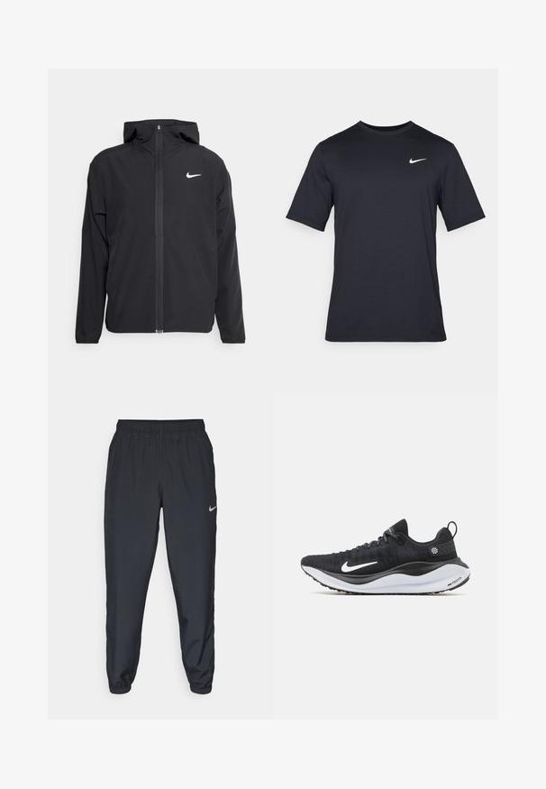 Μαύρο μπουφάν Nike με κουκούλα, πλήρη φερμουάρ μπροστά και διακριτό λευκό λογότυπο στο αριστερό στήθος. Λείος υφασμάτινος σχεδιασμός και ελαφρύ βάρος.; Μαύρο κοντομάνικο μπλουζάκι Nike από λείο ύφασμα, με λευκό λογότυπο swoosh στην πάνω αριστερή πλευρά, στρογγυλή λαιμόκοψη.; Μαύρο παντελόνι φόρμας κατασκευασμένο από ελαφρύ ύφασμα, με ελαστική μέση, μανσέτες στον αστράγαλο και διακριτό λογότυπο Nike στη αριστερή πλευρά.; Μαύρα αθλητικά παπούτσια Nike με υφή στην επάνω πλευρά, λευκό λογότυπο swoosh και λευκή μαλακή σόλα. Περιλαμβάνει θηλάκι στον τακούνι.