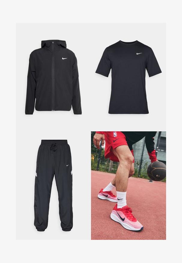 Čierna bunda Nike so kapucňou, plným predným zipsom a diskrétnym bielym logom na ľavom prsníku. Hladká textúra a ľahká konštrukcia.; Čierne tričko s krátkym rukávom značky Nike z hladkého materiálu, s bielym logom swoosh na pravej hornej strane, okrúhly výstrih.; Čierne športové nohavice s elastickým pásom, nastaviteľnou šnúrkou, bočnými vreckami a kontrastnými bielymi pruhmi na stranách.; Červené ľahké basketbalové topánky s priehľadnou sieťovanou konštrukciou a kontrastnými námorníckymi akcentmi, v kombinácii s bielymi ponožkami s čiernym logom.