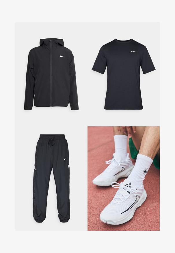 Černá bunda Nike s kapucí, plným předním zipem a decentním bílým logem na levé hrudi. Hladká textura a lehký design.; Černé triko Nike s krátkým rukávem vyrobené z hladké látky, s bílým logem swoosh na horní levé straně, klasický kulatý výstřih.; Černé sportovní kalhoty s elastickým pasem, nastavovací šňůrkou, bočními kapsami a kontrastními bílými pruhy po stranách.; Bílé sportovní boty s texturovaným designem, s černými akcenty a tkaničkami. Nosené s bílými žebrovanými ponožkami na červeném povrchu.