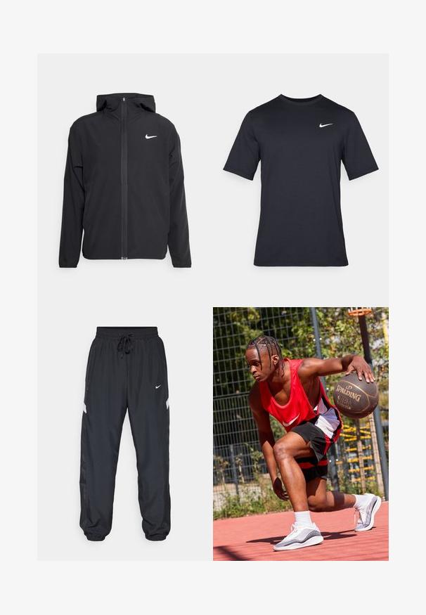 Black Nike jacket featuring a hood, full front zipper, and a subtle white logo on the left chest. Smooth texture and lightweight design.; Black short-sleeve Nike t-shirt made of smooth fabric, featuring a white swoosh logo on the upper left side, crew neckline.; Black athletic pants with elastic waistband, adjustable drawstring, side pockets, and contrasting white stripe accents along the sides.; Basketball player in a red Nike tank top and black shorts, dribbling a Spalding basketball on a red court. Wearing white athletic shoes.