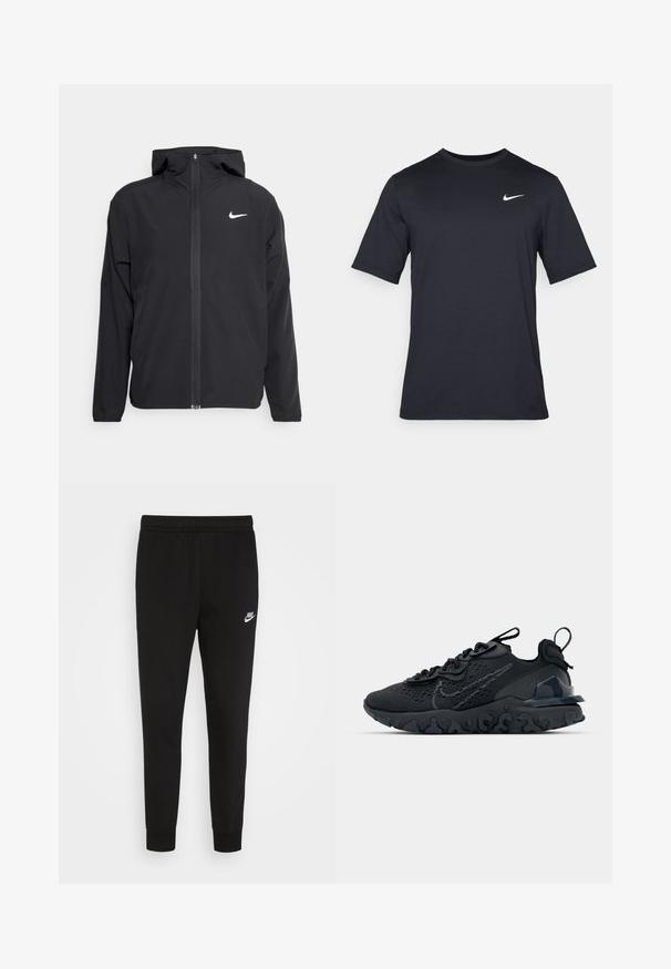 Črna Nike jakna z oblogo, polnim zadrgo in diskretnim belim logotipom na levi strani prsnega koša. Gladka tekstura in lahka zasnova.; Črna kratkotrajna majica Nike iz gladkega materiala, z belim logotipom Swoosh na zgornji levi strani, okrogel izrez.; Črne trenirke iz mehkega blaga z elastičnim pasom in prilegajočimi se manšetami, z majhnim belim Nike logotipom na levi stegni.; Črne športne čevlje z zračno mrežno zgornjim delom, strukturiranimi dodatki in valovitim gumijastim podplatom. Imajo odsevni logo in sistem vezalk.