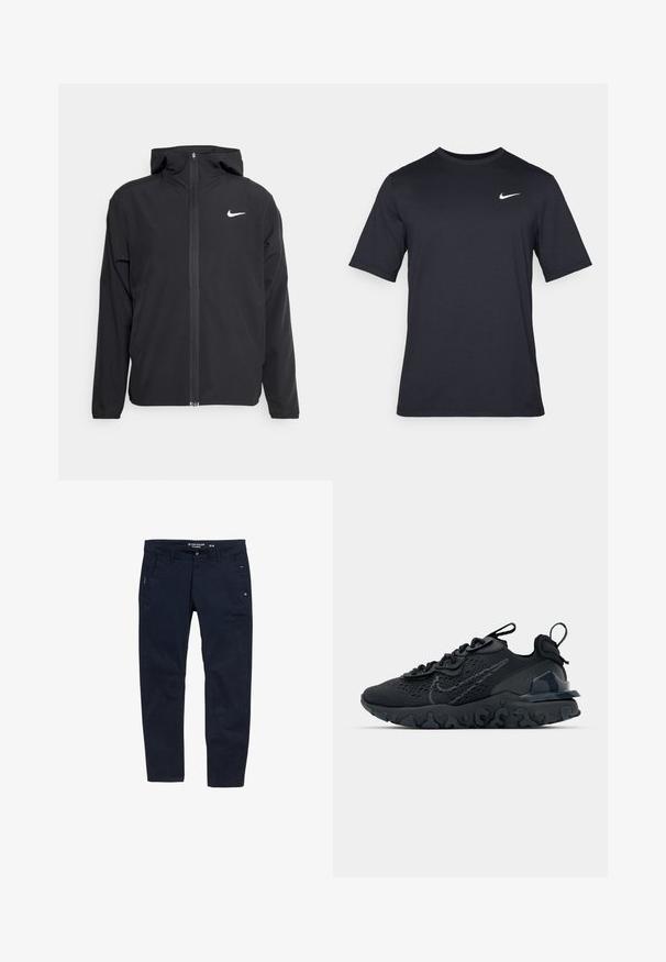 Čierna bunda Nike so kapucňou, plným predným zipsom a diskrétnym bielym logom na ľavom prsníku. Hladká textúra a ľahká konštrukcia.; Čierne tričko s krátkym rukávom značky Nike z hladkého materiálu, s bielym logom swoosh na pravej hornej strane, okrúhly výstrih.; Námornícke modré nohavice vyrobené z bavlny s rovno strihaním. Majú dva bočné vrecká a zapínanie na gombík. Minimalistický dizajn s jemnými akcentmi.; Čierna atletická topánka s priedušným sieťovaným zvrškom, textúrovanými akcentmi a vlnovou gumovou podrážkou. Obsahuje reflexné logo a systém šnurovania.