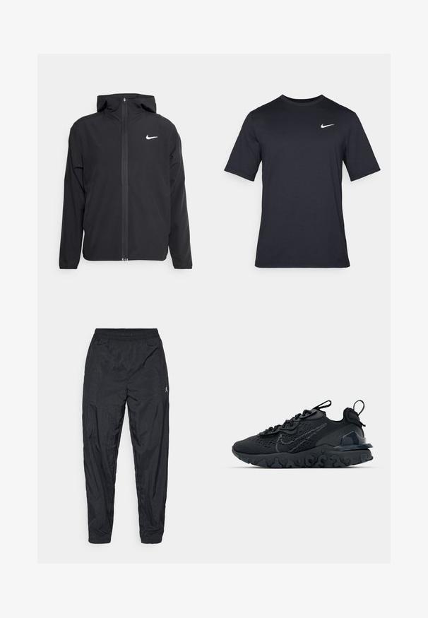 Zwarte Nike-jas met capuchon, volledige ritssluiting en een subtiele witte logo op de linkerborst. Gladde textuur en lichtgewicht ontwerp.; Zwart T-shirt met korte mouwen van Nike, gemaakt van gladde stof, met een wit swoosh-logo op de bovenlinkerzijde, ronde hals.; Zwarte sportbroek gemaakt van lichtgewicht stof. Heeft een elastische tailleband en een klein logo detail aan de zijkant. Tapered leg ontwerp.; Zwarte sportieve schoen met een ademende bovenkant van mesh, gestructureerde accenten en een golvende rubberen zool. Heeft een reflecterende logo en vetersysteem.