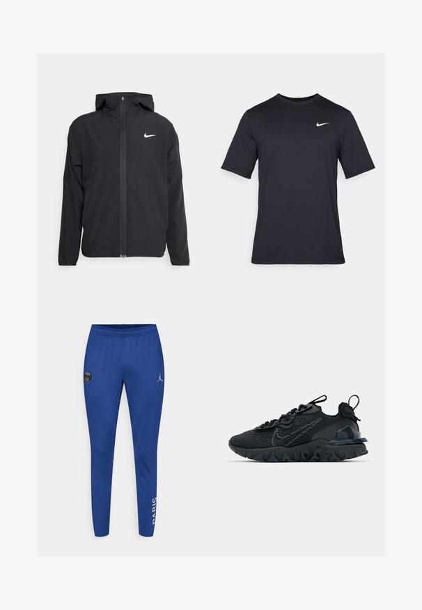 Zwarte Nike-jas met capuchon, volledige ritssluiting en een subtiele witte logo op de linkerborst. Gladde textuur en lichtgewicht ontwerp.; Zwart T-shirt met korte mouwen van Nike, gemaakt van gladde stof, met een wit swoosh-logo op de bovenlinkerzijde, ronde hals.; Blauwe sportbroek van zacht materiaal, met een Paris-logo patch en een Jumpman-logo. Tapered ontwerp met een elastische tailleband.; Zwarte sportieve schoen met een ademende bovenkant van mesh, gestructureerde accenten en een golvende rubberen zool. Heeft een reflecterende logo en vetersysteem.