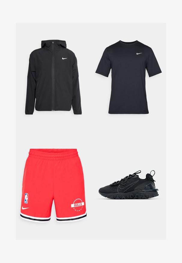 Jachetă neagră Nike cu glugă, fermoar pe toată fața și un logo alb subtil pe pieptul stâng. Textură netedă și design ușor.; Tricou Nike negru cu mânecă scurtă, confecționat dintr-un material neted, având un logo alb în formă de swoosh pe partea stângă sus, cu guler rotund.; Shorts de baschet roșii cu talie elastică, având un logo NBA alb pe stânga și un grafic "BULLS" pe dreapta. Dungi negre și albe la margine.; Pantofii sport negri au un superior din plasă respirabilă, accente texturate și o talpă din cauciuc ondulată. Prezintă un logo reflectorizant și un sistem de șirete.