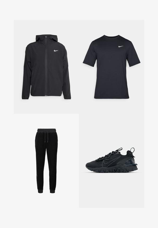 Čierna bunda Nike so kapucňou, plným predným zipsom a diskrétnym bielym logom na ľavom prsníku. Hladká textúra a ľahká konštrukcia.; Čierne tričko s krátkym rukávom značky Nike z hladkého materiálu, s bielym logom swoosh na pravej hornej strane, okrúhly výstrih.; Čierne velúrové tepláky s rebrovaným pásom a manžetami, s kontrastnou šnúrkou na stiahnutie a malým logom na dolnej strane.; Čierna atletická topánka s priedušným sieťovaným zvrškom, textúrovanými akcentmi a vlnovou gumovou podrážkou. Obsahuje reflexné logo a systém šnurovania.