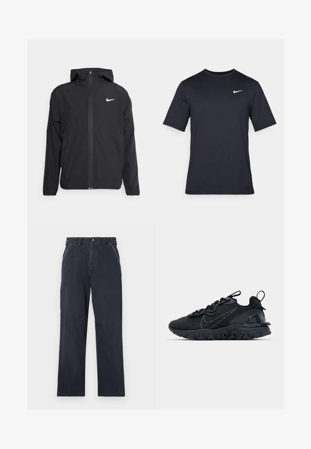 Black Nike jacket featuring a hood, full front zipper, and a subtle white logo on the left chest. Smooth texture and lightweight design.; Black short-sleeve Nike t-shirt made of smooth fabric, featuring a white swoosh logo on the upper left side, crew neckline.; Navy blue cotton trousers with a straight leg design. Features front pockets, a button closure, and visible stitching details.; Black athletic shoe with a breathable mesh upper, textured accents, and a wavy rubber sole. Features reflective logo and lacing system.