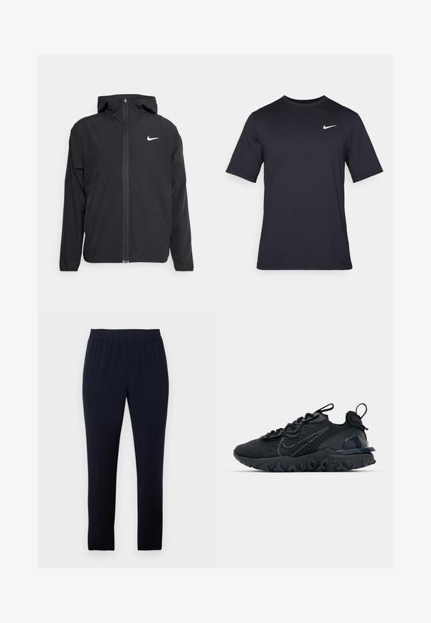 Fekete Nike dzseki kapucnival, teljes hosszúságú cipzárral és egy diszkrét fehér logóval a bal mellrészen. Sima textúra és könnyű kialakítás.; Fekete, rövid ujjú Nike póló sima anyagból, fehér swoosh logóval a bal felső oldalon, kerek nyakkivágással.; Sötétkék nadrág, puha anyagból, rugalmas derékpánttal, slim fit szabással és egyenes lábakkal, zsebek és díszítések nélkül.; Fekete sportcipő légáteresztő hálós felsőrésszel, texturált részletekkel és hullámos gumitalppal. Ráfókuszál a fényvisszaverő logóra és a fűzőrendszerre.
