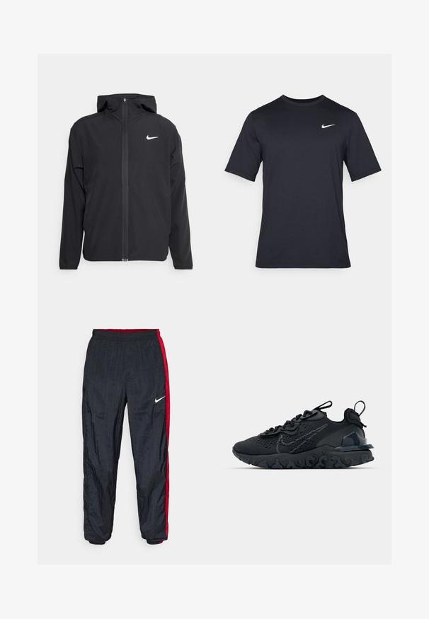 Schwarze Nike-Jacke mit Kapuze, vollem Reißverschluss vorne und einem dezenten weißen Logo auf der linken Brust. Glatte Textur und leichtes Design.; Schwarzes, kurzärmliges Nike-T-Shirt aus glattem Material, mit einem weißen Swoosh-Logo auf der oberen linken Seite und Rundhalsausschnitt.; Nike Trainingshosen in Schwarz mit roten Seitenstreifen, elastischem Bund und schmal zulaufenden Bündchen. Hergestellt aus glattem, leichtem Material.; Schwarzer Sportschuh mit atmungsaktivem Mesh-Obermaterial, strukturierten Akzenten und einer wellenförmigen Gummisohle. Verfügt über ein reflektierendes Logo und ein Schnürsystem.