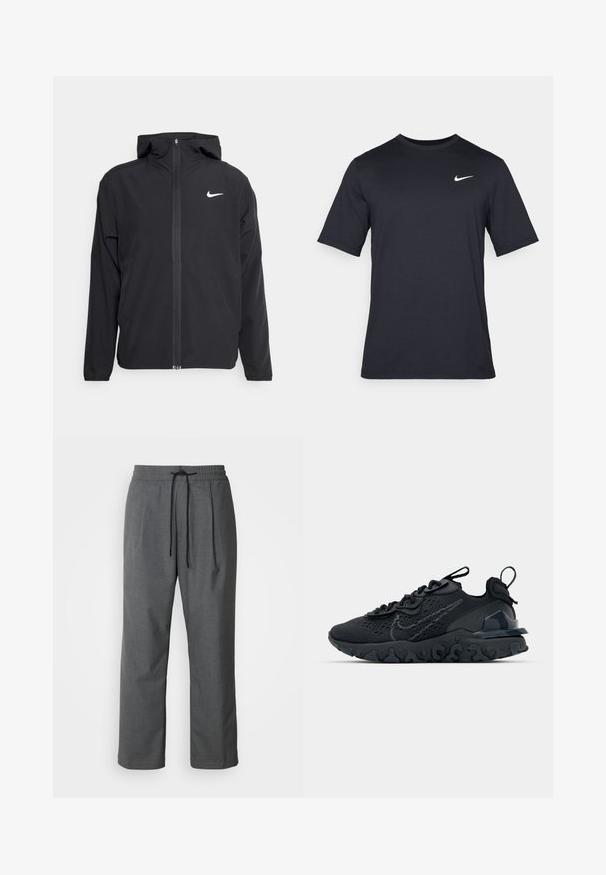 Chaqueta negra de Nike con capucha, cremallera frontal completa y un sutil logo blanco en el lado izquierdo del pecho. Textura suave y diseño ligero.; Camiseta negra de manga corta de Nike hecha de tela suave, con un logo de swoosh blanco en la parte superior izquierda y cuello cuadrado.; Pantalones de tela tejida gris con cintura elástica, cordón externo, bolsillos laterales y un corte relajado. Diseño minimalista con líneas limpias.; Zapato deportivo negro con una parte superior de malla transpirable, acentos texturizados y una suela de goma ondulada. Presenta un logotipo reflectante y un sistema de cordones.