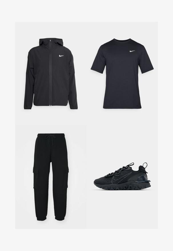 Svart Nike-jacka med huva, fullständig dragkedja fram och en subtil vit logotyp på vänster bröst. Slät textur och lättvikt design.; Svart kortärmad Nike t-shirt i slät tyg, med en vit swoosh-logotyp på övre vänstra sidan, rund halsringning.; Svarta sweatpants i mjukt material, med två sidofickor i cargo-stil, elastisk midja med dragsko och smalnande muddar.; Svart idrottssko med ett andningsbart meshöverdrag, texturerade accenter och en vågig gummisula. Utrustad med reflekterande logotyp och snörsystem.