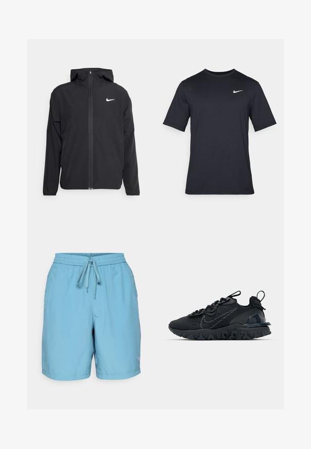 Must musta musta, täis esifrontne lukuga ja diskreetne valge logo vasakul rinnal. Sile tekstuur ja kergkaaluline disain.; Must tume musta Nike t-särk, mis on valmistatud siledast kangast, valge swoosh logo vasakul ülanurgas, ümar kaelus.; Heledad sinine ujumispüksid, mis on valmistatud siledast kangast, pa elastse vöökoha ja paelaga, ning küljetaskud mugavuse tagamiseks.; Must mustreesne tossudega, millel on hingav võrkmaterjalist pealis, tekstureeritud detailid ja laineline kummist tallaosa. Omab peegelduvat logo ja sidumise süsteemi.
