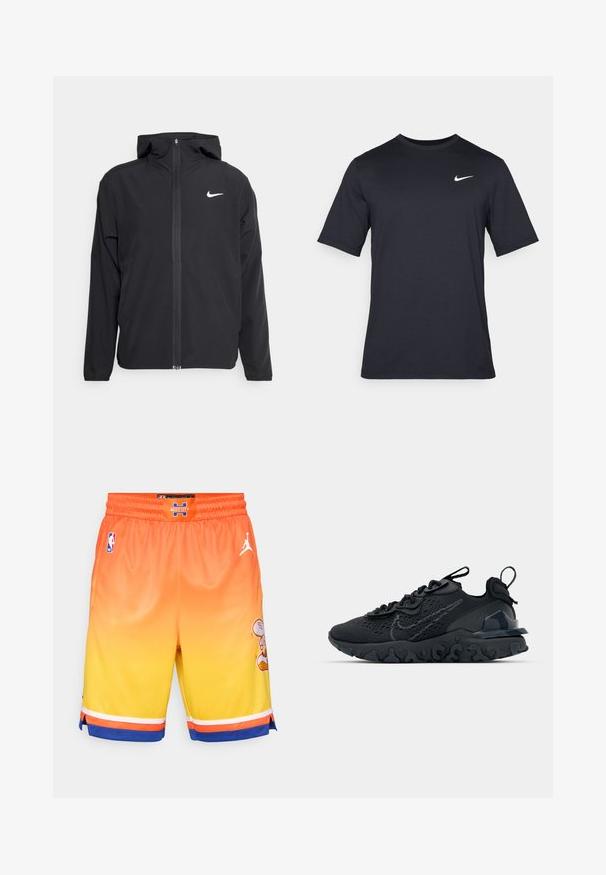 Juodas Nike džemperis su gobtuvu, pilnu priekinio užtrauktuko uždarymu ir subtilia balta logo ant kairiojo krūtinės. Lygus paviršius ir lengvas dizainas.; Juodas trumpomis rankovėmis Nike marškinėliai, pagaminti iš lygaus audinio, su baltu swoosh logotipu viršutinėje kairėje pusėje, apvaliu kaklu.; Oranžinės iki geltonos spalvos perėjimo krepšinio šortai su tinklinio audiniu, balta Jordan logotipu ir šonine animaciniu personažu. Elastingas liemuo.; Juoda sportinė avalynė su kvėpuojančiu tinkliniu viršumi, tekstūruotais akcentais ir banguota guma padais. Yra atspindintis logotipas ir raištelių sistema.