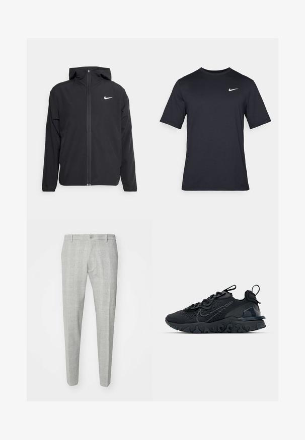 Jachetă neagră Nike cu glugă, fermoar pe toată fața și un logo alb subtil pe pieptul stâng. Textură netedă și design ușor.; Tricou Nike negru cu mânecă scurtă, confecționat dintr-un material neted, având un logo alb în formă de swoosh pe partea stângă sus, cu guler rotund.; Pantaloni gri cu carouri, cu o croială atentă, având un front plat, închidere cu un singur nasture și curea. Realizați dintr-un material neted.; Pantofii sport negri au un superior din plasă respirabilă, accente texturate și o talpă din cauciuc ondulată. Prezintă un logo reflectorizant și un sistem de șirete.