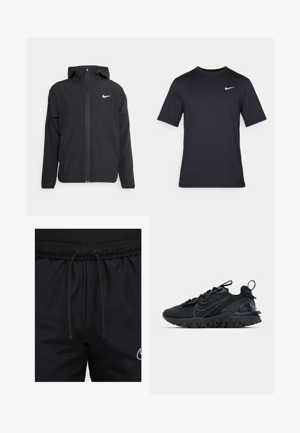 Chaqueta negra de Nike con capucha, cremallera frontal completa y un sutil logo blanco en el lado izquierdo del pecho. Textura suave y diseño ligero.; Camiseta negra de manga corta de Nike hecha de tela suave, con un logo de swoosh blanco en la parte superior izquierda y cuello cuadrado.; Pantalones cortos deportivos negros hechos de una tela suave con una cinturilla elástica y cuerdas ajustables, además de un acento de logo blanco en la pierna.; Zapato deportivo negro con una parte superior de malla transpirable, acentos texturizados y una suela de goma ondulada. Presenta un logotipo reflectante y un sistema de cordones.