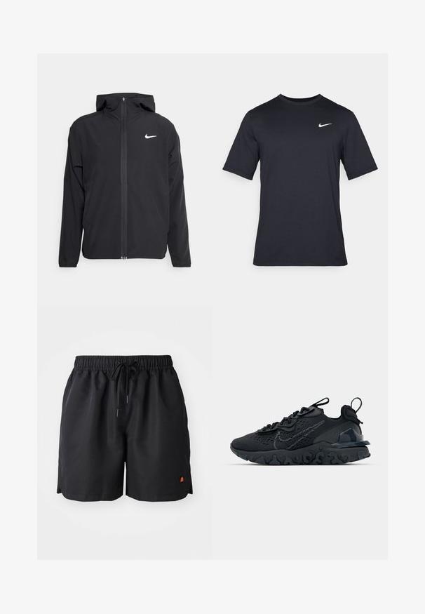 Črna Nike jakna z oblogo, polnim zadrgo in diskretnim belim logotipom na levi strani prsnega koša. Gladka tekstura in lahka zasnova.; Črna kratkotrajna majica Nike iz gladkega materiala, z belim logotipom Swoosh na zgornji levi strani, okrogel izrez.; Črne kratke hlače iz lahkega materiala, s elastičnim pasom, vrvico in majhnim logotipom v oranžni in rdeči barvi na spodnji levi strani.; Črne športne čevlje z zračno mrežno zgornjim delom, strukturiranimi dodatki in valovitim gumijastim podplatom. Imajo odsevni logo in sistem vezalk.
