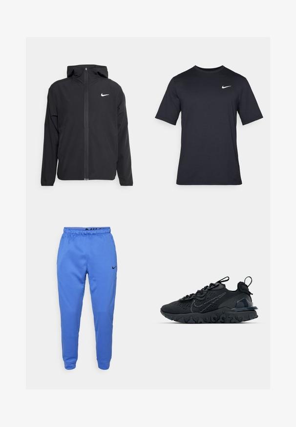 Melna Nike jakna ar kapuci, pilnu priekšējo rāvējslēdzēju un smalku baltu logotipu kreisajā krūtī. Gluda tekstūra un viegla konstrukcija.; Melnas īsām piedurknēm Nike t-krekls, izgatavots no gludas auduma, ar baltu swoosh logotipu augšējā kreisajā pusē, apaļu kakla izgriezumu.; Zilas Nike sporta bikses, izgatavotas no gluda poliestera, ar elastīgu jostasvietu un mazu logotipa akcentu kreisajā priekšējā pusē.; Melnas sporta kurpes ar elpojošu sieta augšdaļu, teksturētām akcentiem un viļņotu gumijas zoli. Iekļauj atstarojošu logotipu un šņorēšanas sistēmu.