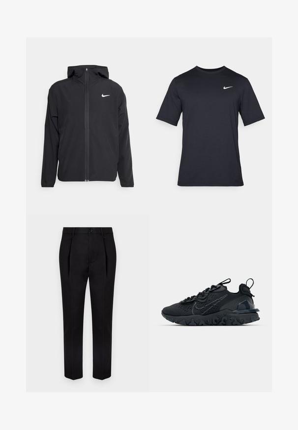Giacca Nike nera con cappuccio, chiusura frontale con zip e un logo bianco discreto sul lato sinistro del petto. Texture liscia e design leggero.; T-shirt Nike nera a maniche corte realizzata in tessuto morbido, con il logo bianco dello swoosh nella parte superiore sinistra, colletto girocollo.; Pantaloni neri con un design sartoriale, caratterizzati da pinces e una texture liscia. La vita ha una chiusura con bottone per una vestibilità sicura.; Scarpa sportiva nera con tomaia in mesh traspirante, dettagli testurizzati e suola in gomma ondulata. Presenta un logo riflettente e un sistema di allacciatura.