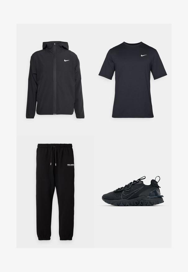 Fekete Nike dzseki kapucnival, teljes hosszúságú cipzárral és egy diszkrét fehér logóval a bal mellrészen. Sima textúra és könnyű kialakítás.; Fekete, rövid ujjú Nike póló sima anyagból, fehér swoosh logóval a bal felső oldalon, kerek nyakkivágással.; Fekete melegítőnadrág, rugalmas derékkal és mandzsettákkal. Húzózsinóros záródással és fehér nyomtatott szöveggel a bal combon. Simma textúra.; Fekete sportcipő légáteresztő hálós felsőrésszel, texturált részletekkel és hullámos gumitalppal. Ráfókuszál a fényvisszaverő logóra és a fűzőrendszerre.