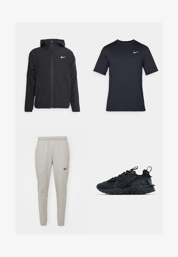 Schwarze Nike-Jacke mit Kapuze, vollem Reißverschluss vorne und einem dezenten weißen Logo auf der linken Brust. Glatte Textur und leichtes Design.; Schwarzes, kurzärmliges Nike-T-Shirt aus glattem Material, mit einem weißen Swoosh-Logo auf der oberen linken Seite und Rundhalsausschnitt.; Hellgraue Sweatpants aus einer weichen Baumwollmischung, mit schmalem Schnitt, elastischem Bund und einem schwarzen Nike-Logo auf dem linken Oberschenkel.; Schwarzer Sportschuh mit atmungsaktivem Mesh-Obermaterial, strukturierten Akzenten und einer wellenförmigen Gummisohle. Verfügt über ein reflektierendes Logo und ein Schnürsystem.