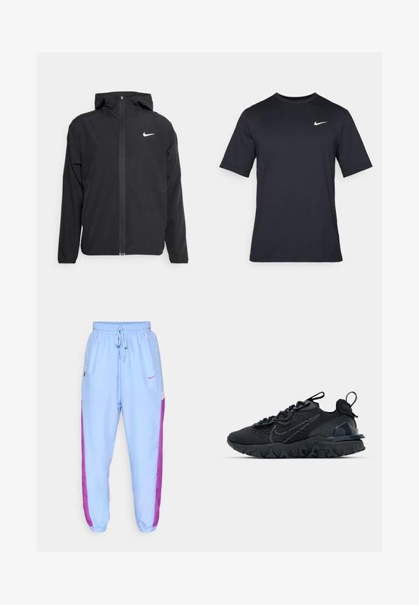 Črna Nike jakna z oblogo, polnim zadrgo in diskretnim belim logotipom na levi strani prsnega koša. Gladka tekstura in lahka zasnova.; Črna kratkotrajna majica Nike iz gladkega materiala, z belim logotipom Swoosh na zgornji levi strani, okrogel izrez.; Svetlo modri trenirka s roza stranskimi črtami, elastični pas, vrvica in logo na zgornji stegni. Narejena iz gladkega materiala.; Črne športne čevlje z zračno mrežno zgornjim delom, strukturiranimi dodatki in valovitim gumijastim podplatom. Imajo odsevni logo in sistem vezalk.