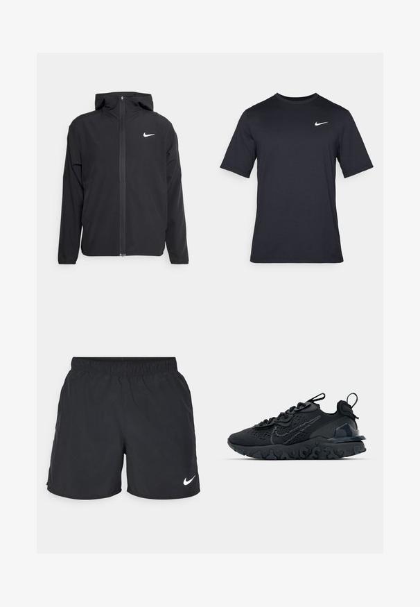 Črna Nike jakna z oblogo, polnim zadrgo in diskretnim belim logotipom na levi strani prsnega koša. Gladka tekstura in lahka zasnova.; Črna kratkotrajna majica Nike iz gladkega materiala, z belim logotipom Swoosh na zgornji levi strani, okrogel izrez.; Črne atletske hlače iz lahkega materiala, z elastičnim pasom in belim logotipom Nike na spodnji levi strani.; Črne športne čevlje z zračno mrežno zgornjim delom, strukturiranimi dodatki in valovitim gumijastim podplatom. Imajo odsevni logo in sistem vezalk.