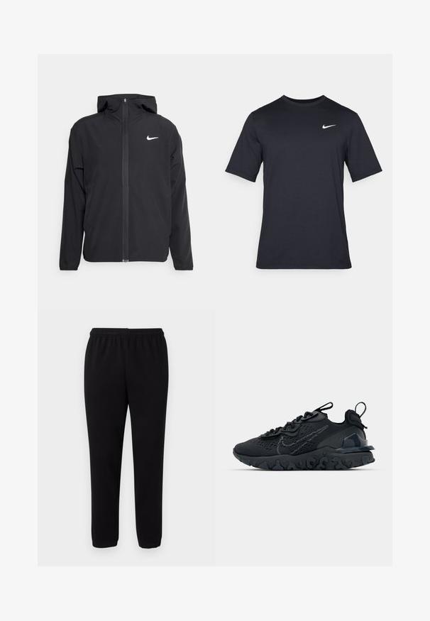 Casaco Nike preto com capuz, fecho frontal completo e um logótipo branco discreto no lado esquerdo do peito. Textura suave e design leve.; T-shirt Nike preto de manga curta, feito de um tecido suave, com um logo swoosh branco no lado superior esquerdo, gola redonda.; Calças de moletão pretas e casuais com cintura elástica e punhos nos tornozelos, apresentadas contra um fundo branco simples.; Sapatilha atlética preta com parte superior de malha respirável, detalhes texturizados e sola de borracha ondulada. Apresenta um logotipo reflexivo e um sistema de atilho.